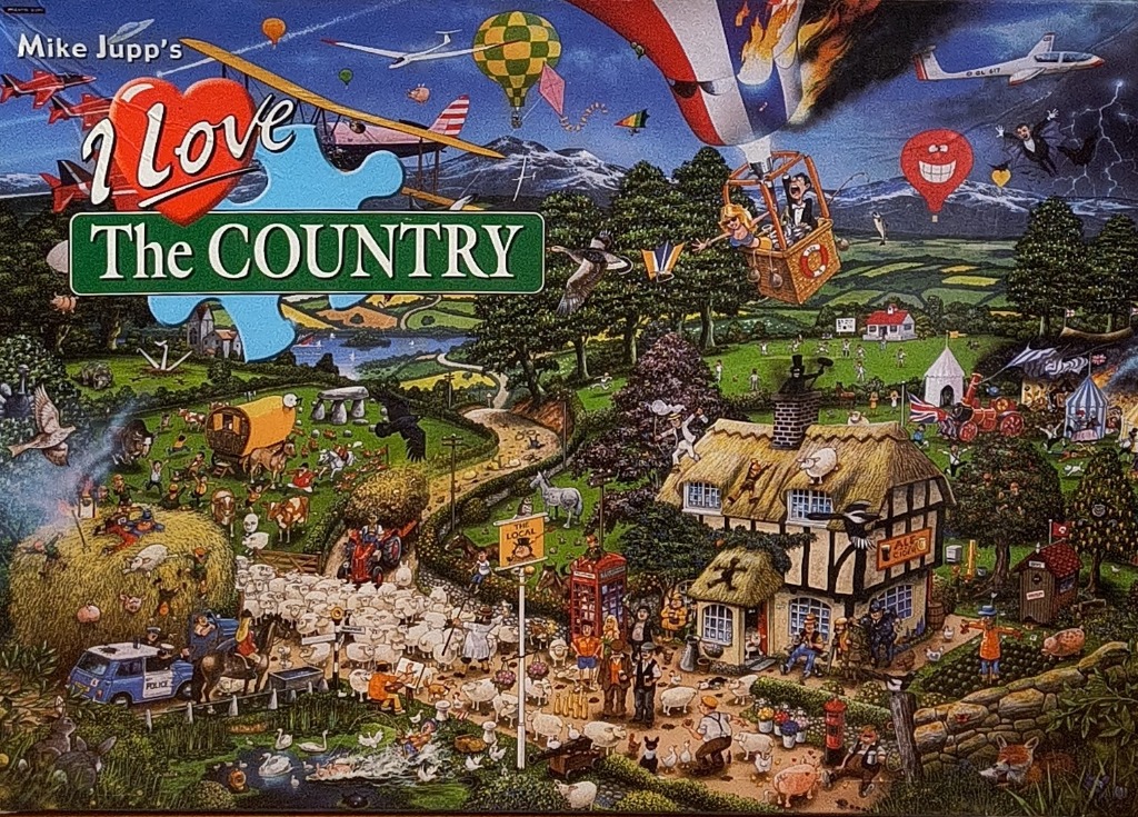 Cartoon illustration of a busy, chaotic British countryside scene featuring a pub, sheep, and various flying objects.