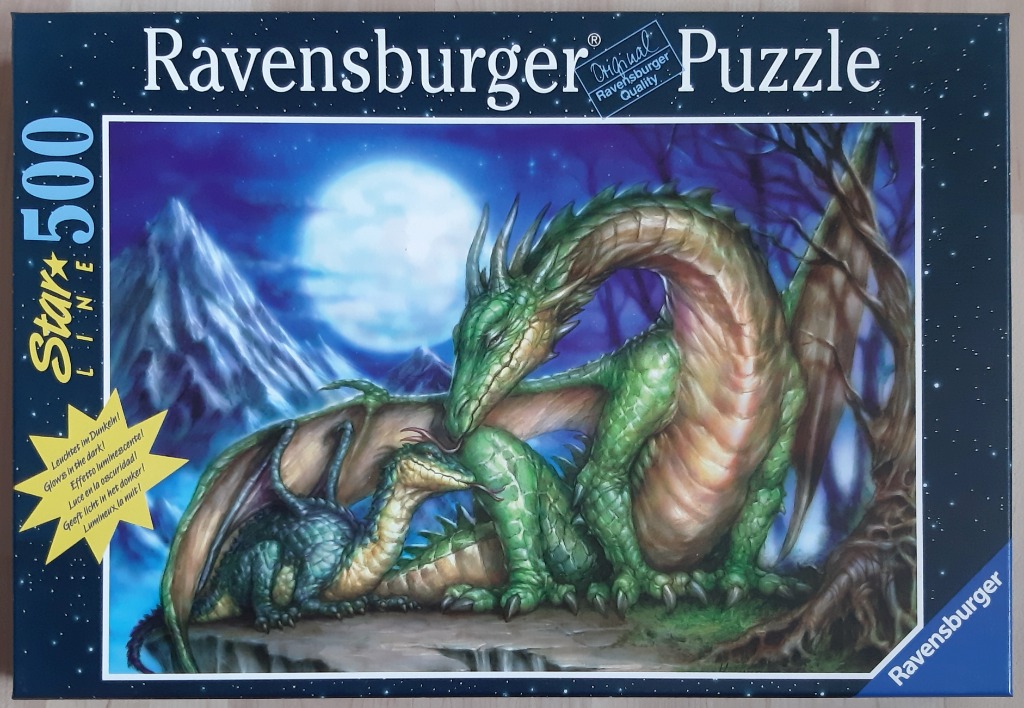 A digital illustration of a green dragon mother and her smaller dragon child sitting on a cliff under a full moon.