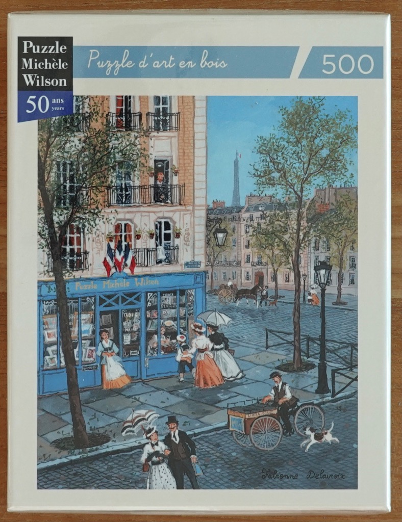 A painting of a 19th-century Parisian street scene with a blue-fronted shop, cobblestones, and the Eiffel Tower.