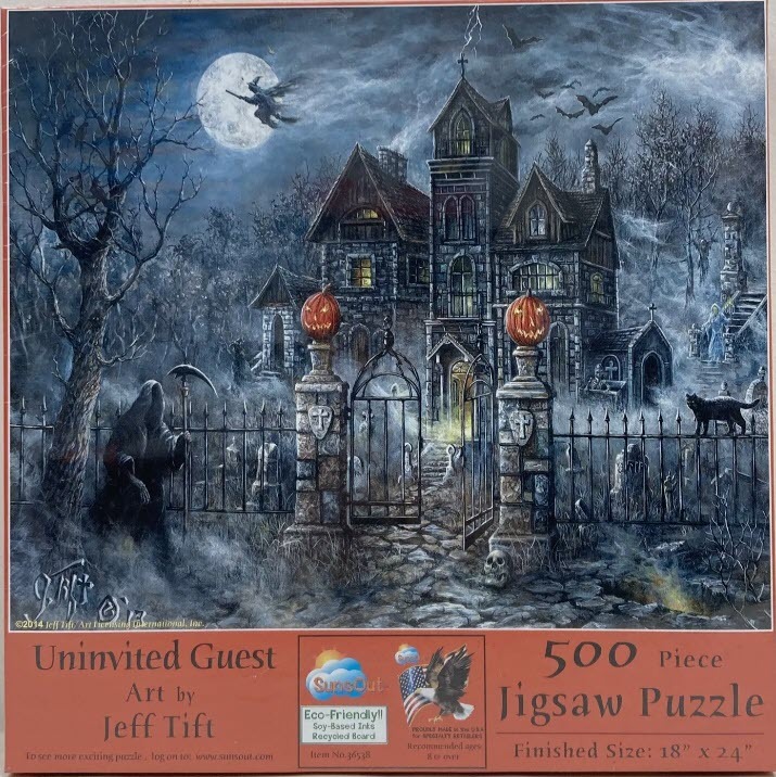 A spooky, moonlit scene featuring a Victorian gothic mansion, a graveyard, a hooded grim reaper, and a witch on a broom.