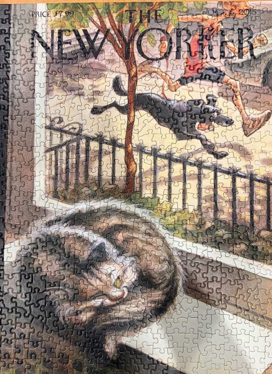 A magazine cover illustration of a fluffy cat lounging in a window as a dog and runner pass by outside.