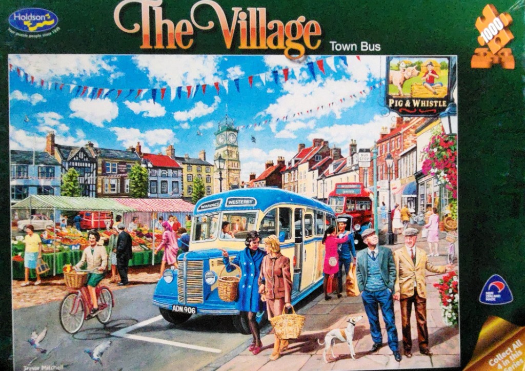 A vintage-style illustration of a bustling English village square featuring a blue bus and outdoor market stalls.