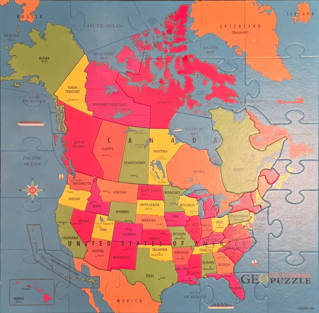 A colorful map of North America showing the United States and Canada with state and provincial boundaries.