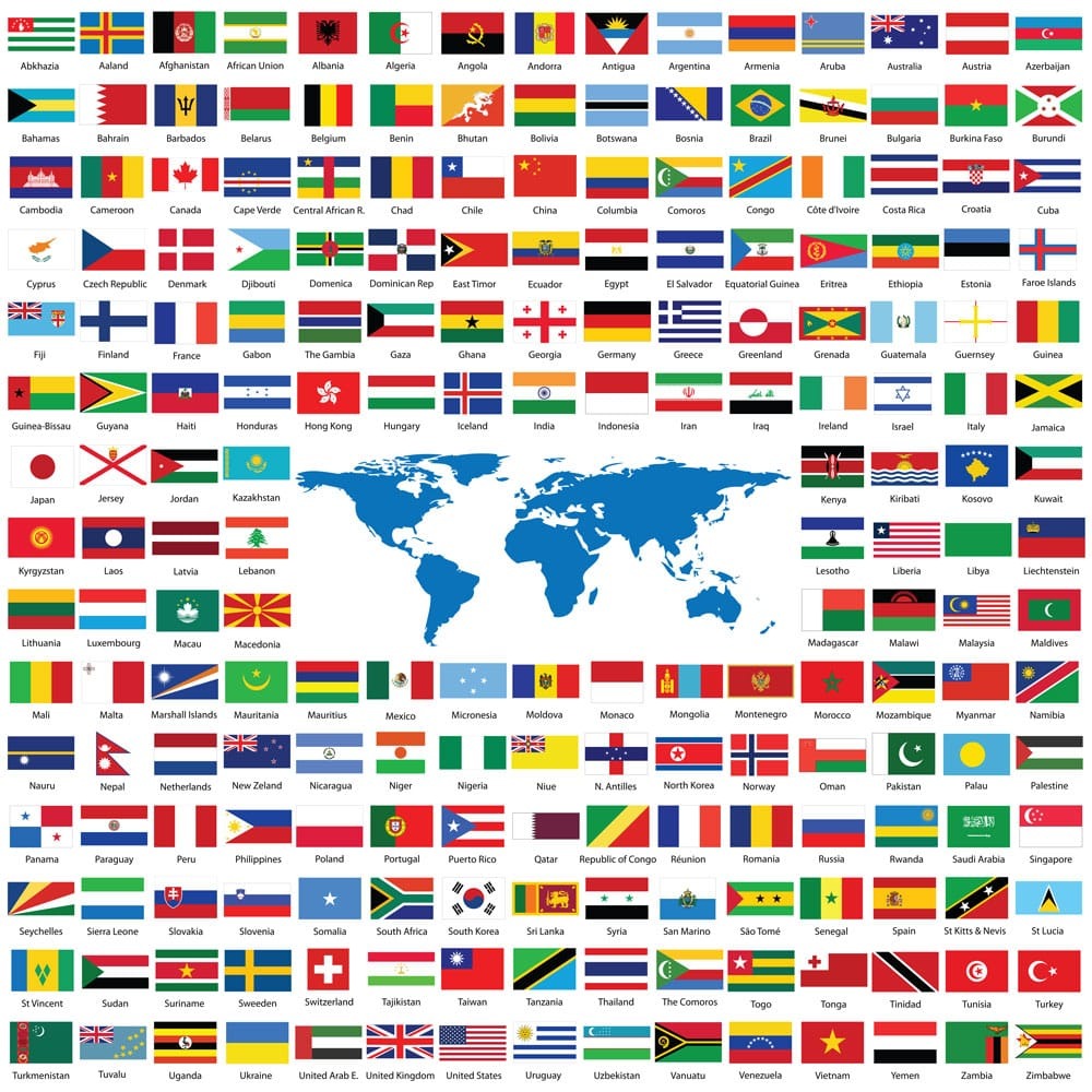 A grid of national flags surrounding a central blue silhouette of the world map.
