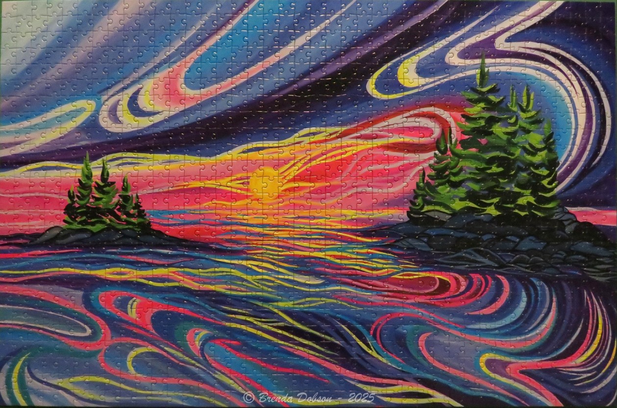 Stylized painting of evergreen islands on a water surface under a swirling, vibrant sunset sky.