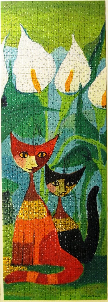 Two stylized cats sitting in front of large white calla lilies in a folk art style painting.