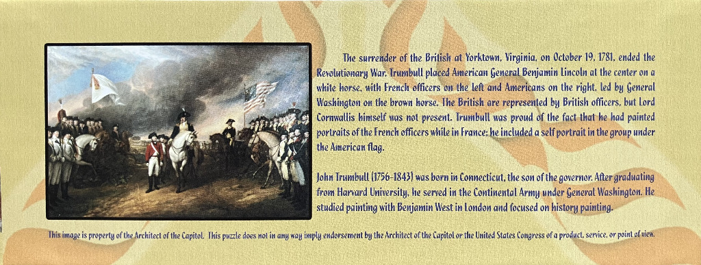 Painting of American Revolution surrender with soldiers and horses, historic scene.