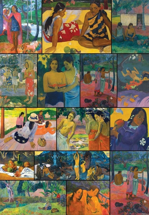 A collage of seventeen Post-Impressionist paintings depicting scenes of Tahitian life and figures.