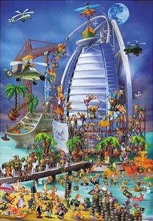 A chaotic, cartoon-style scene showing a luxury hotel under construction with various humorous characters and helicopters.