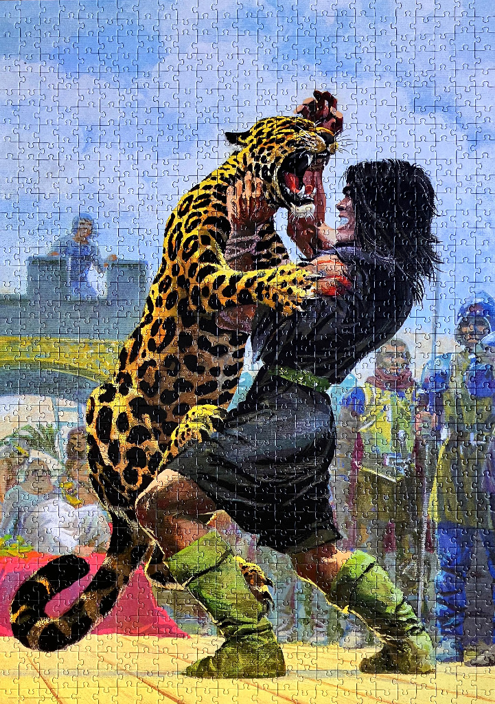 An illustration of a long-haired man in a black tunic wrestling a leopard in front of an audience.