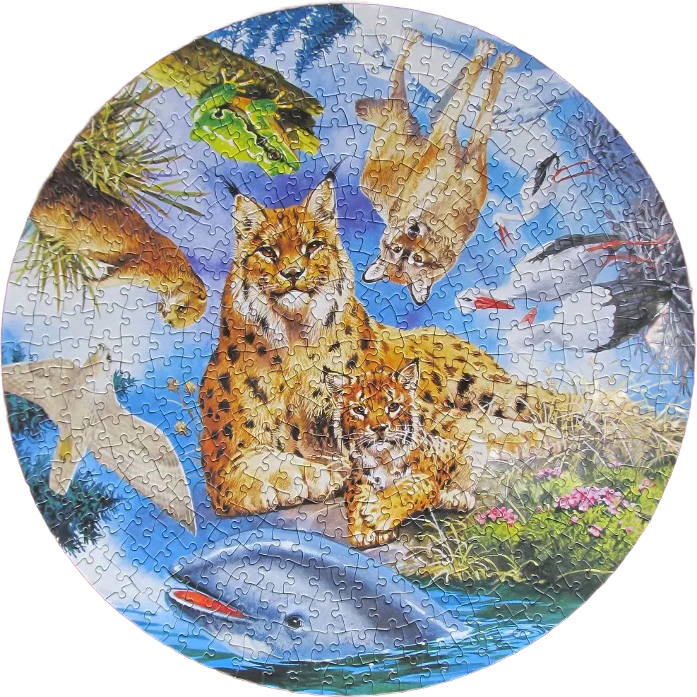 A circular illustration featuring a lynx and cub surrounded by various woodland and aquatic animals.