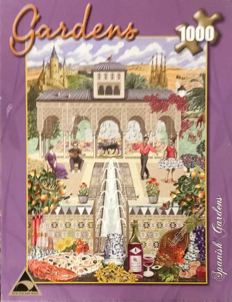 A montage painting featuring a Spanish garden scene with a central fountain, flamenco dancers, and a picnic spread.