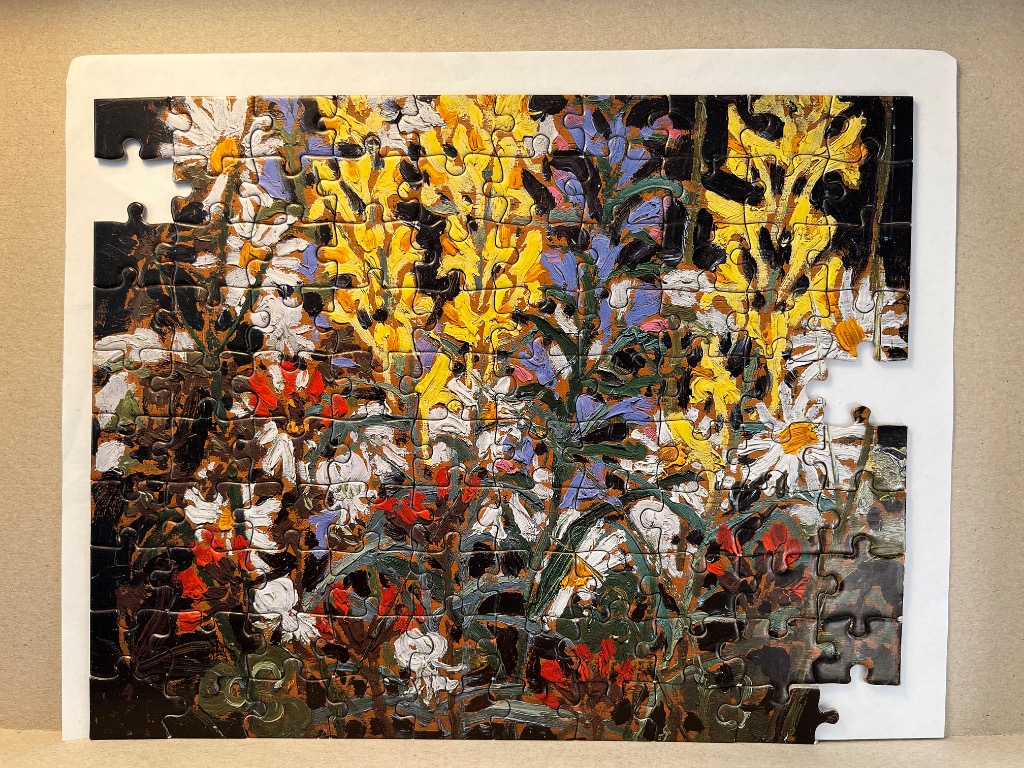 Impressionist-style oil painting of a field of wildflowers with bold brushstrokes in yellow, white, and deep black.