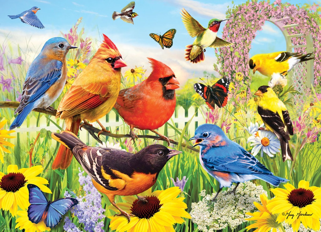 A vibrant garden scene featuring colorful birds including bluebirds, cardinals, and an oriole with various butterflies.