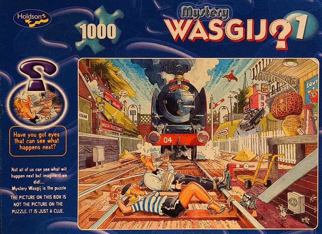 Cartoon illustration of a man and woman tied to railway tracks in front of a steam locomotive.