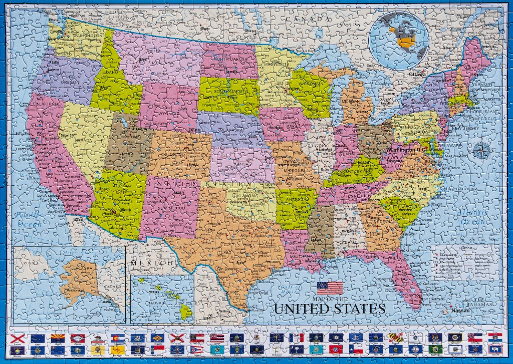 A detailed, color-coded political map of the United States with state flags bordering the bottom edge.
