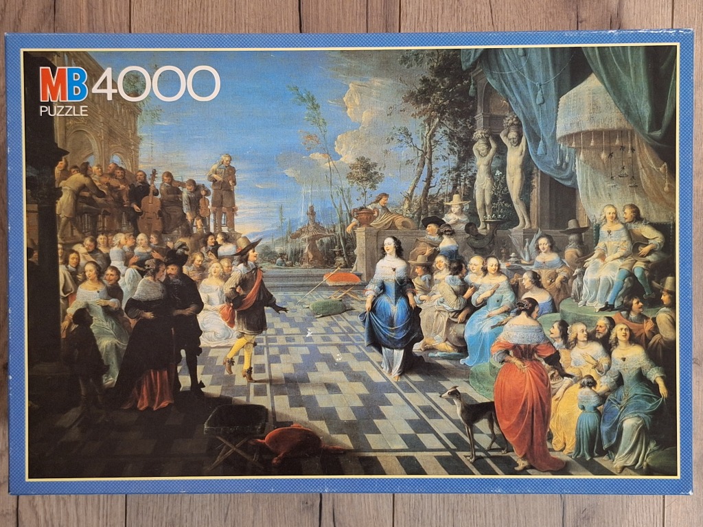 An oil painting depiction of an 18th-century noble garden party with figures in period clothing on a tiled terrace.