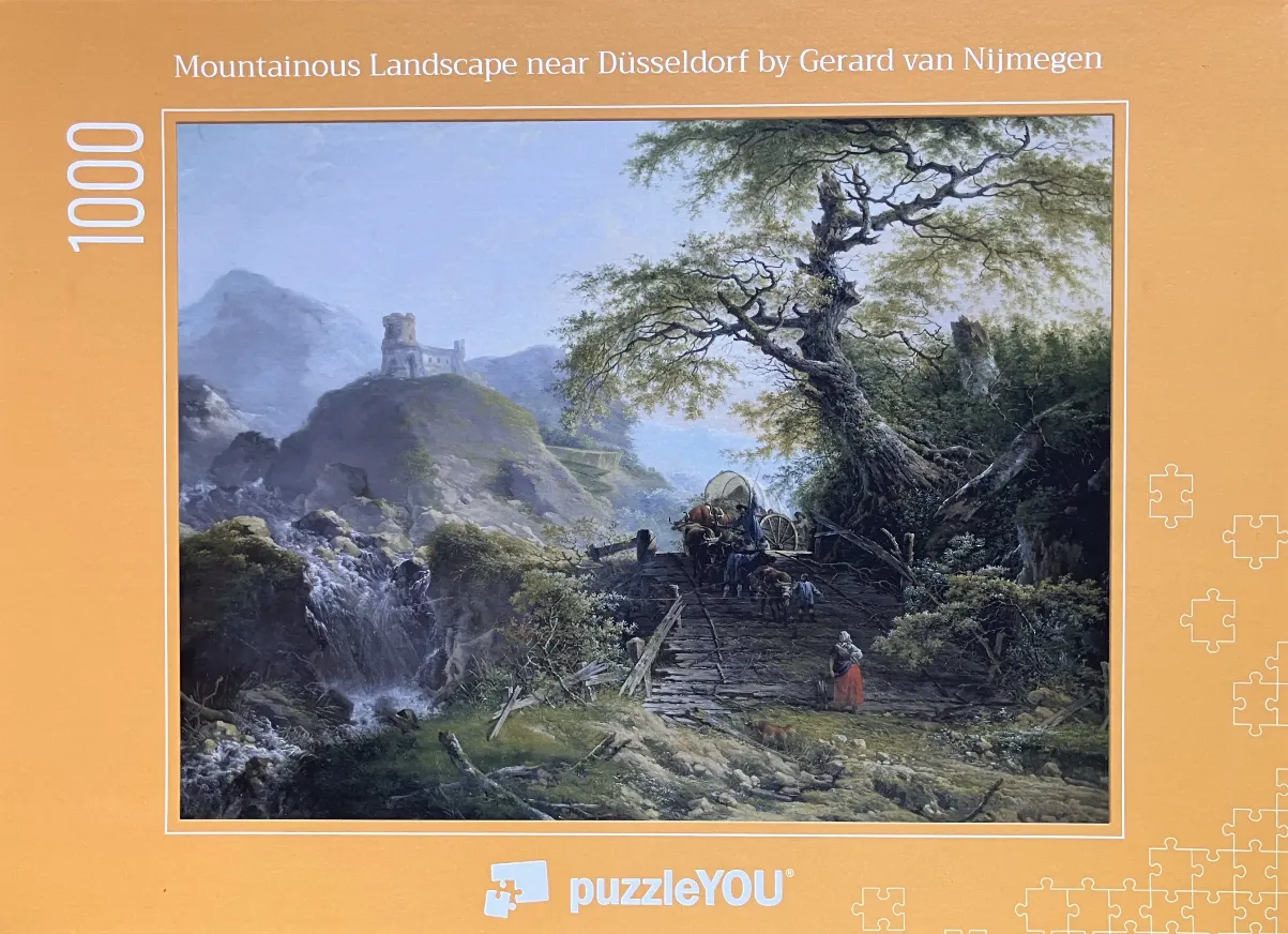 An oil painting showing a horse-drawn cart on a wooden bridge, a waterfall, and a castle in the distance.