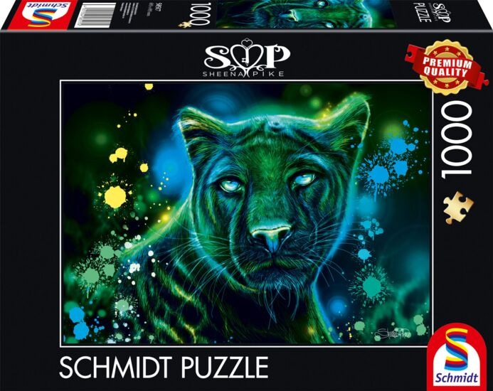A digital illustration of a black panther with glowing green and blue accents against a dark, splattered background.