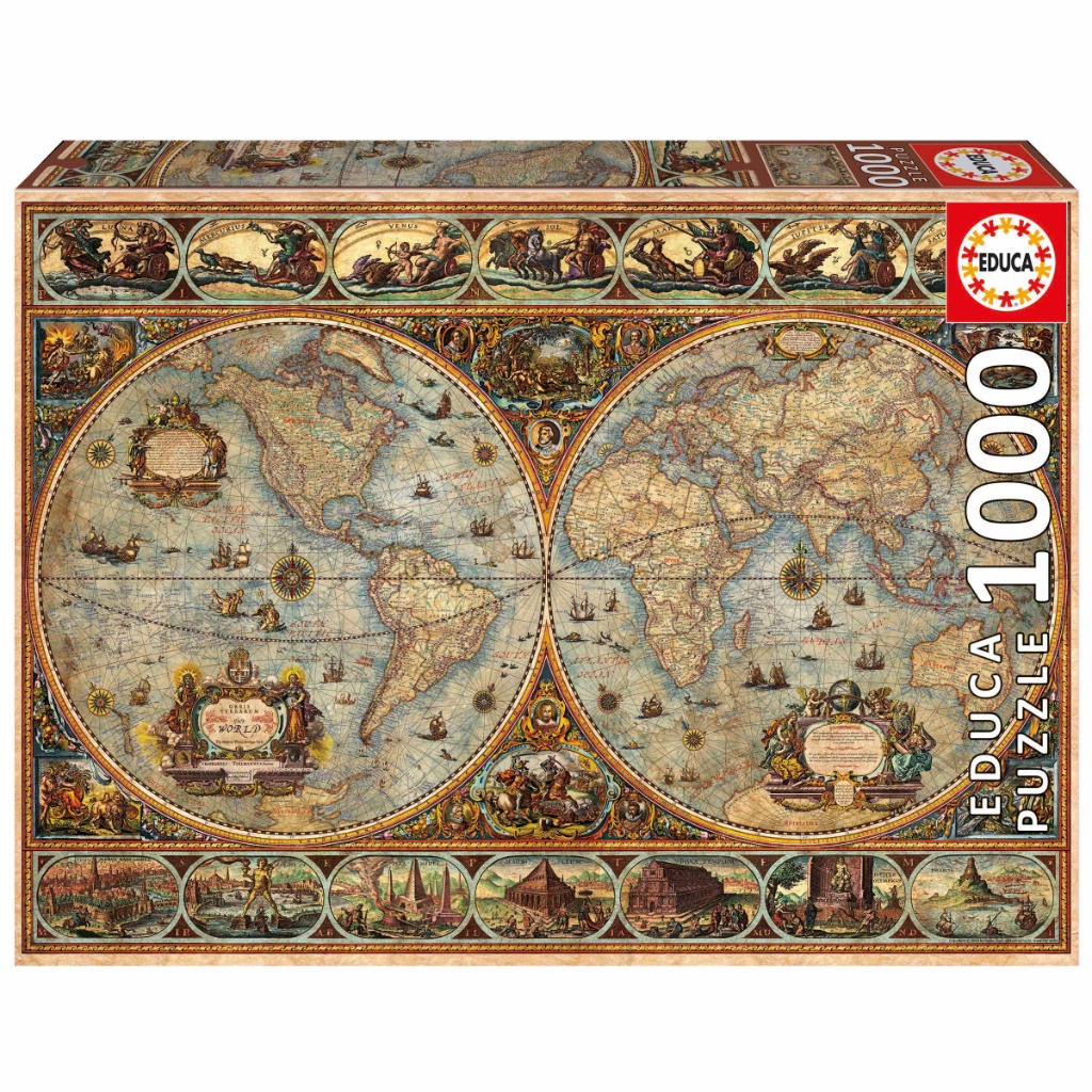 A vintage-style double-hemisphere world map featuring ornate borders, mythical figures, and historical cartography.