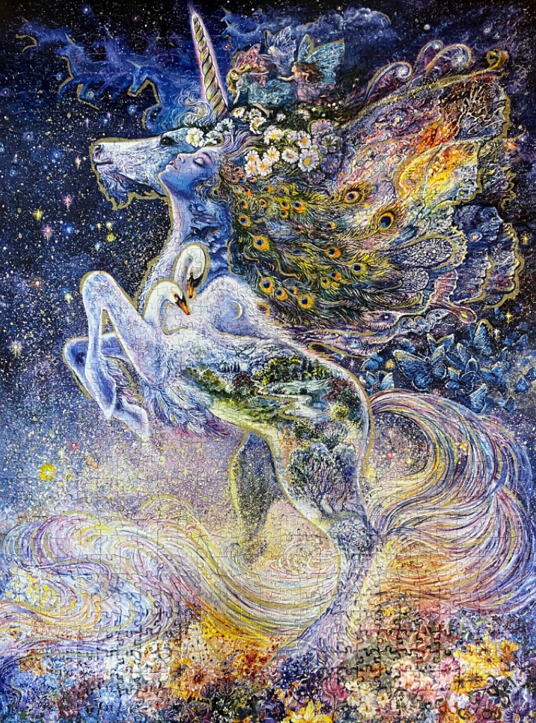 An ethereal, surreal illustration of a unicorn merged with a woman, surrounded by cosmic imagery and vibrant flowers.