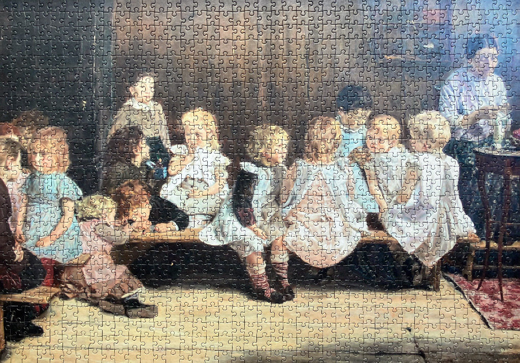 An oil painting of a group of young children sitting on a bench in a dimly lit, rustic room with a seated teacher.
