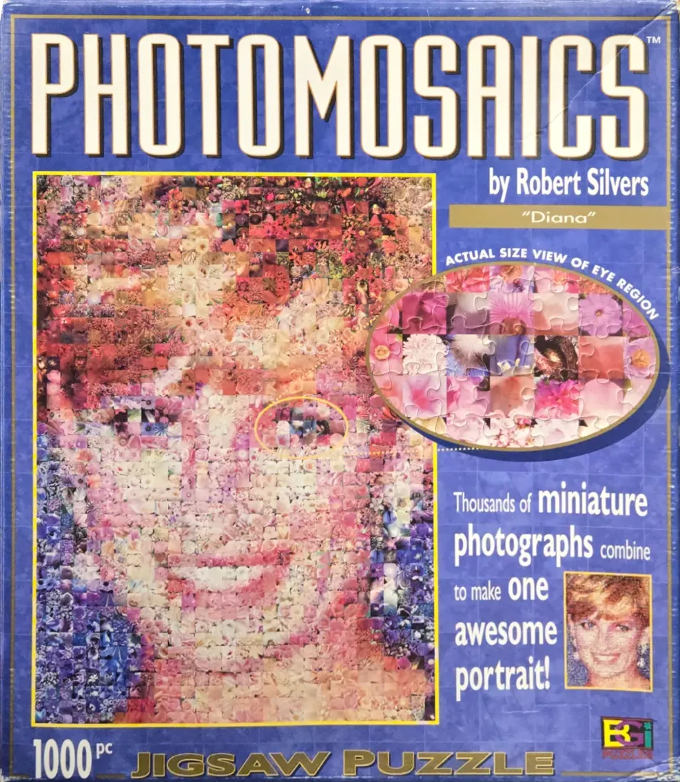 A photomosaic portrait of Princess Diana composed of thousands of tiny flower photographs.
