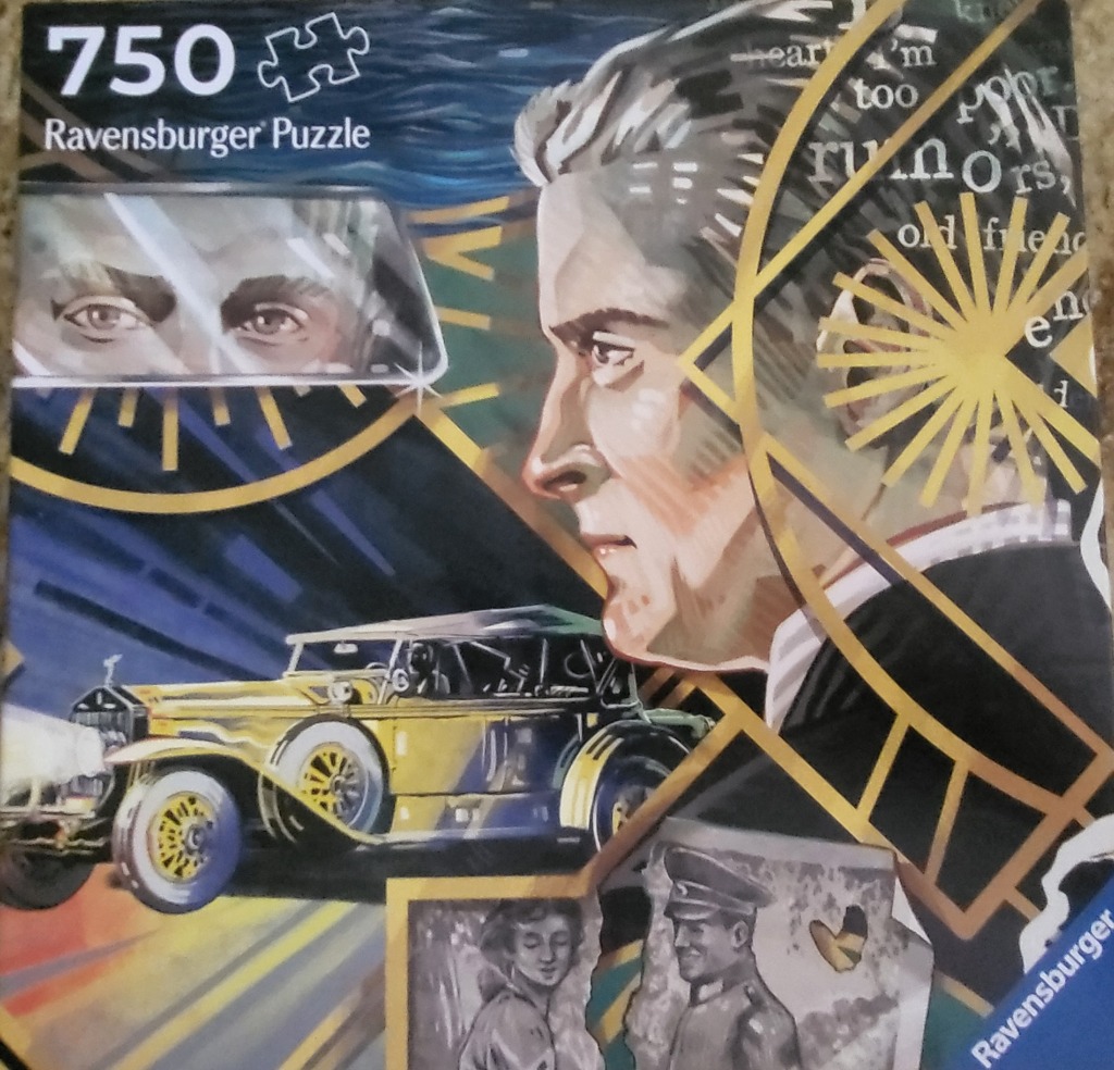 A stylized art piece showing a man's profile, a vintage yellow car, and a rearview mirror reflection.