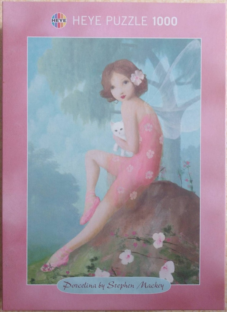 A whimsical oil-style painting of a young woman with a white cat sitting in a dreamy, pastel-toned forest scene.