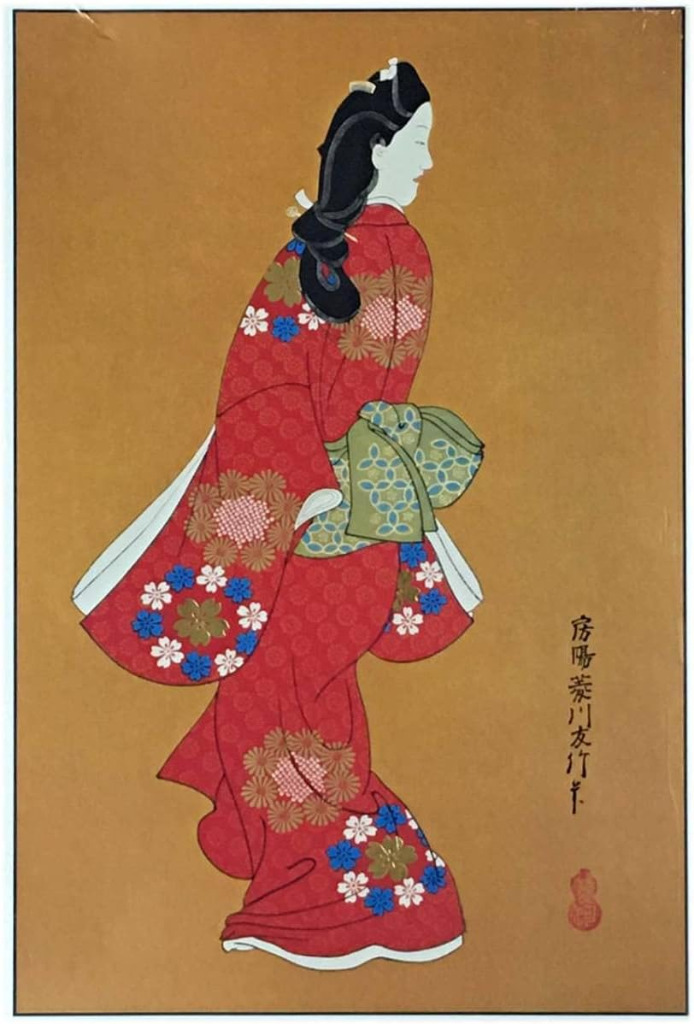 A Japanese ukiyo-e style woodblock print of a woman in a red patterned kimono against a tan background.