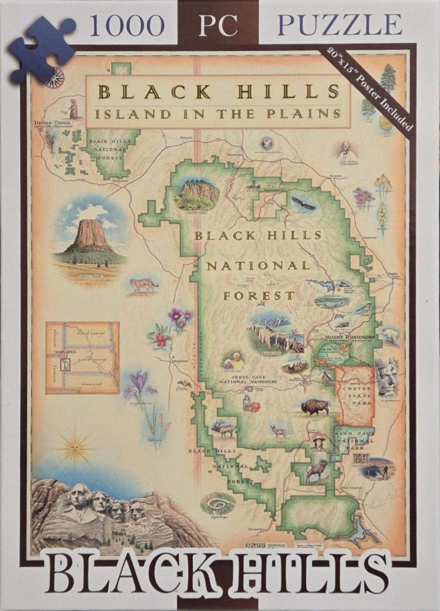 An illustrated map of the Black Hills region featuring various landmarks, wildlife, and natural scenery.