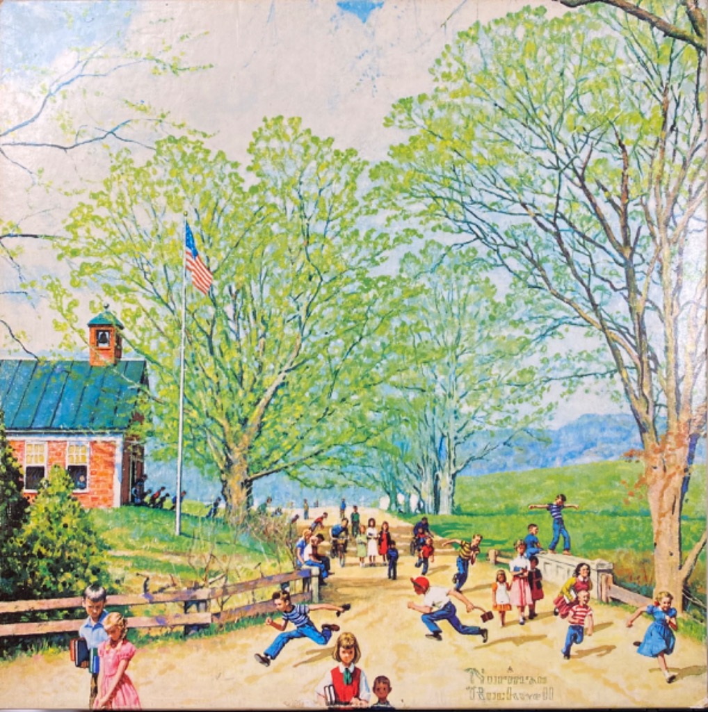 Painting of schoolchildren running and playing in front of a rural schoolhouse on a sunny day.