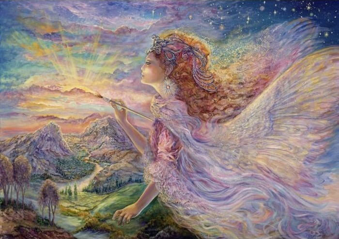 A whimsical winged woman paints a colorful sunrise over a mountainous landscape with a paintbrush.