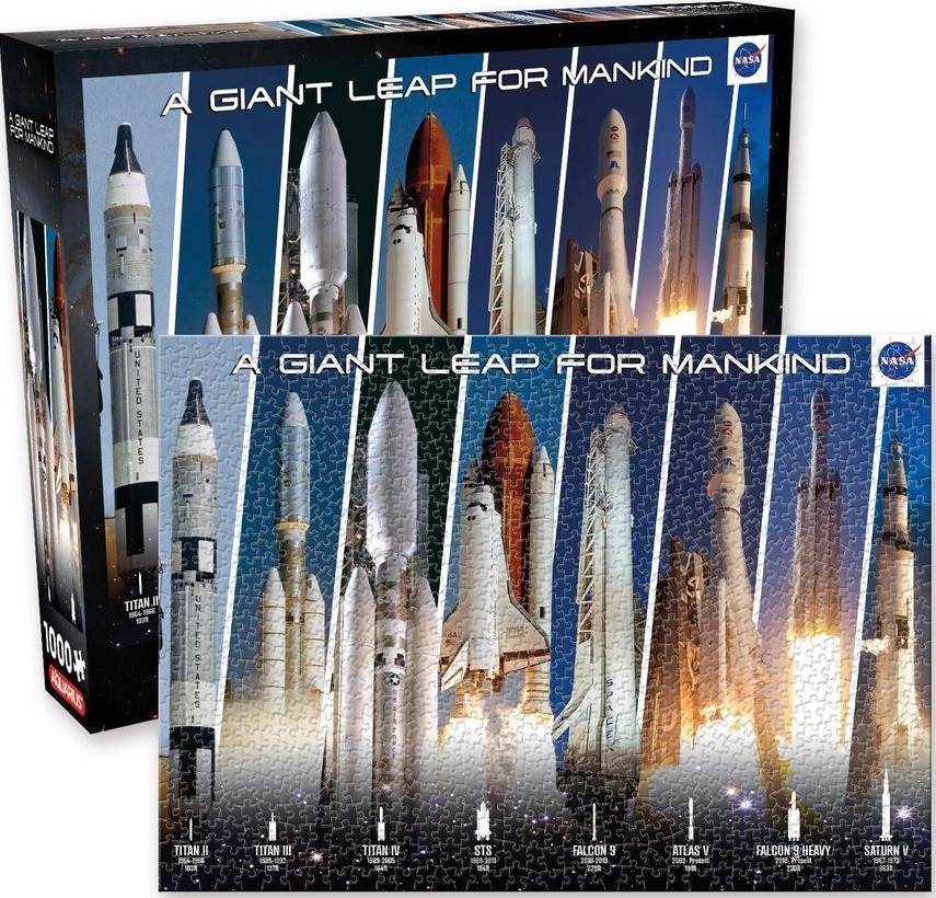 A montage of eight historical American space rockets and the Space Shuttle arranged in vertical panels.