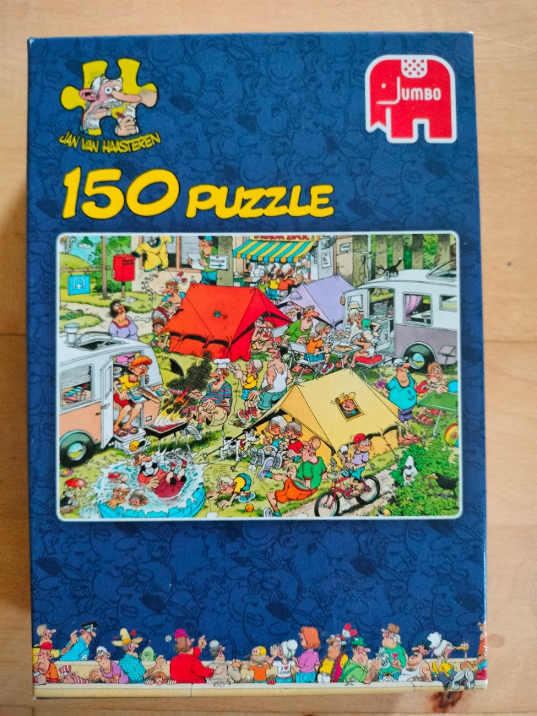 Cartoon illustration of a chaotic, crowded campsite with numerous people, tents, and humorous mishaps.