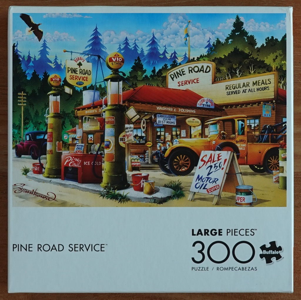 Nostalgic 1930s-style illustration of Pine Road Service gas station with vintage cars and forest backdrop.