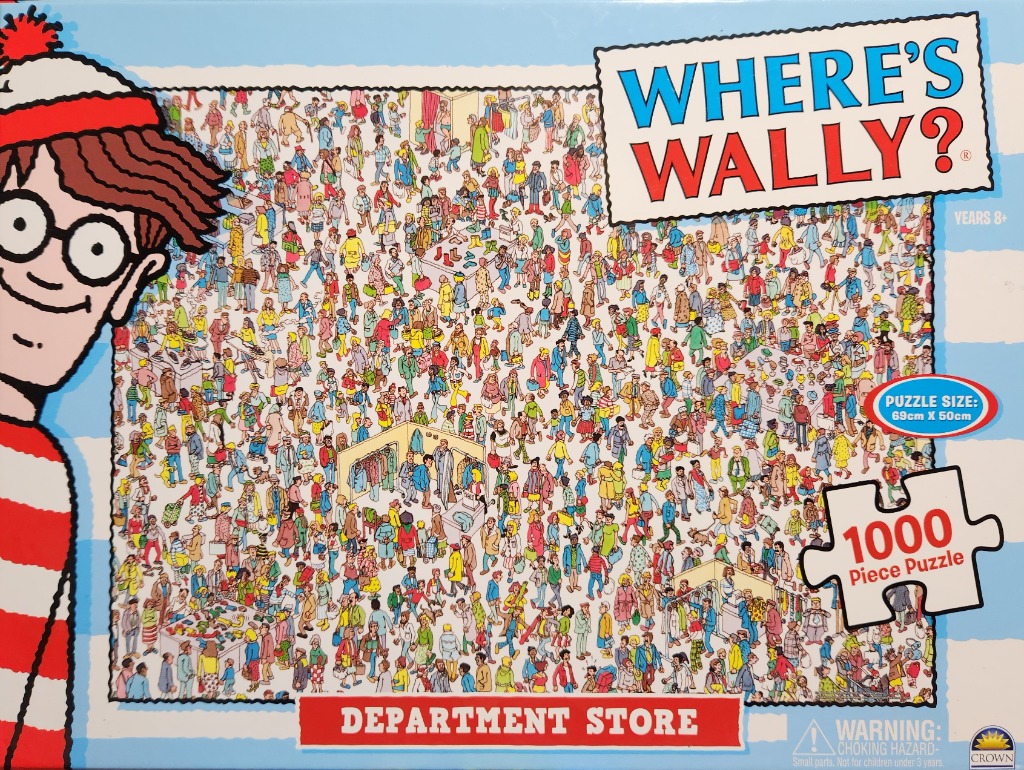 A densely crowded cartoon illustration of a busy department store scene featuring hundreds of tiny characters.