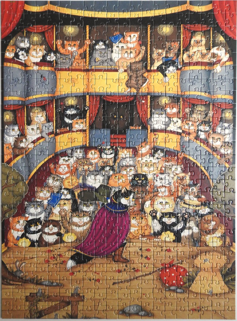An illustration of a theater stage filled with anthropomorphic cats, with one cat performing in the foreground.