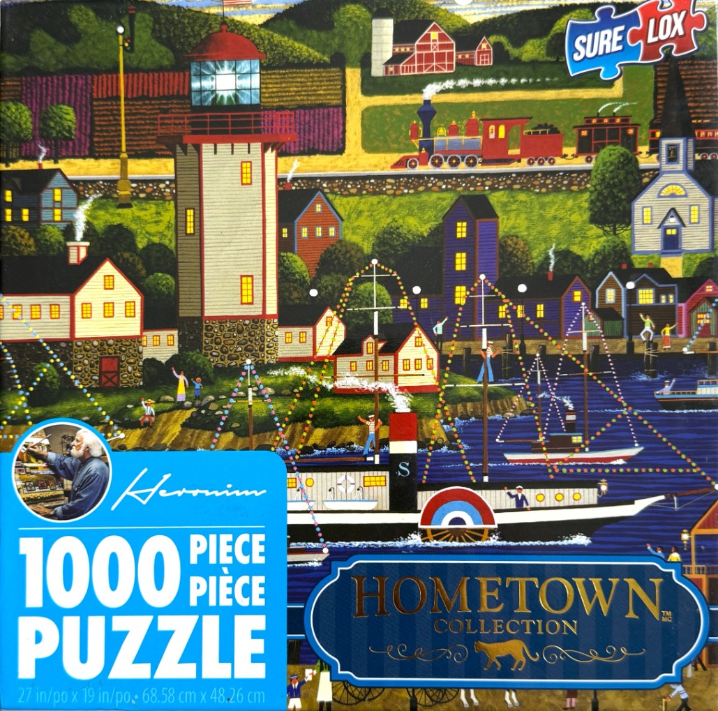 Folk art scene of a lighthouse, harbor, and steam train in a colorful small town.