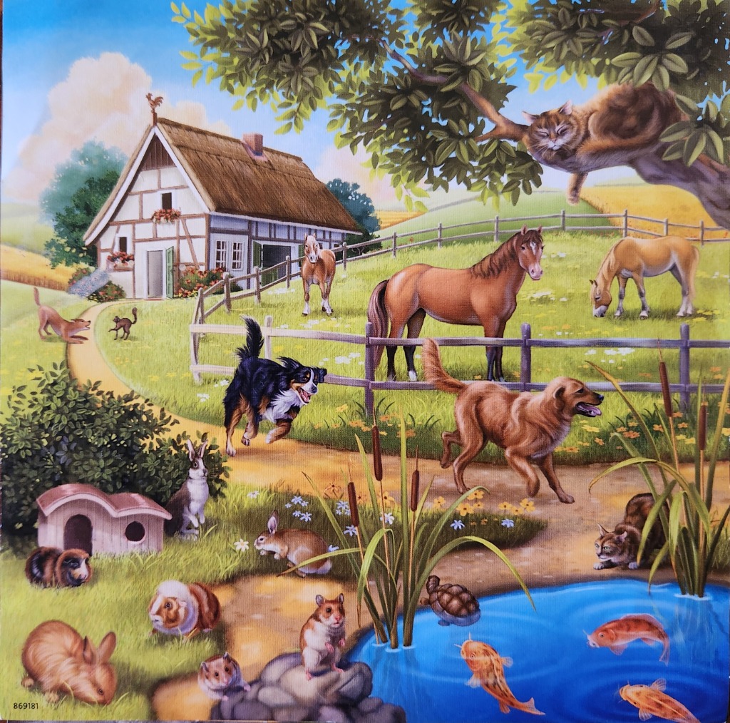 A lively farm scene filled with diverse animals including dogs, horses, rabbits, and koi fish in a pond.