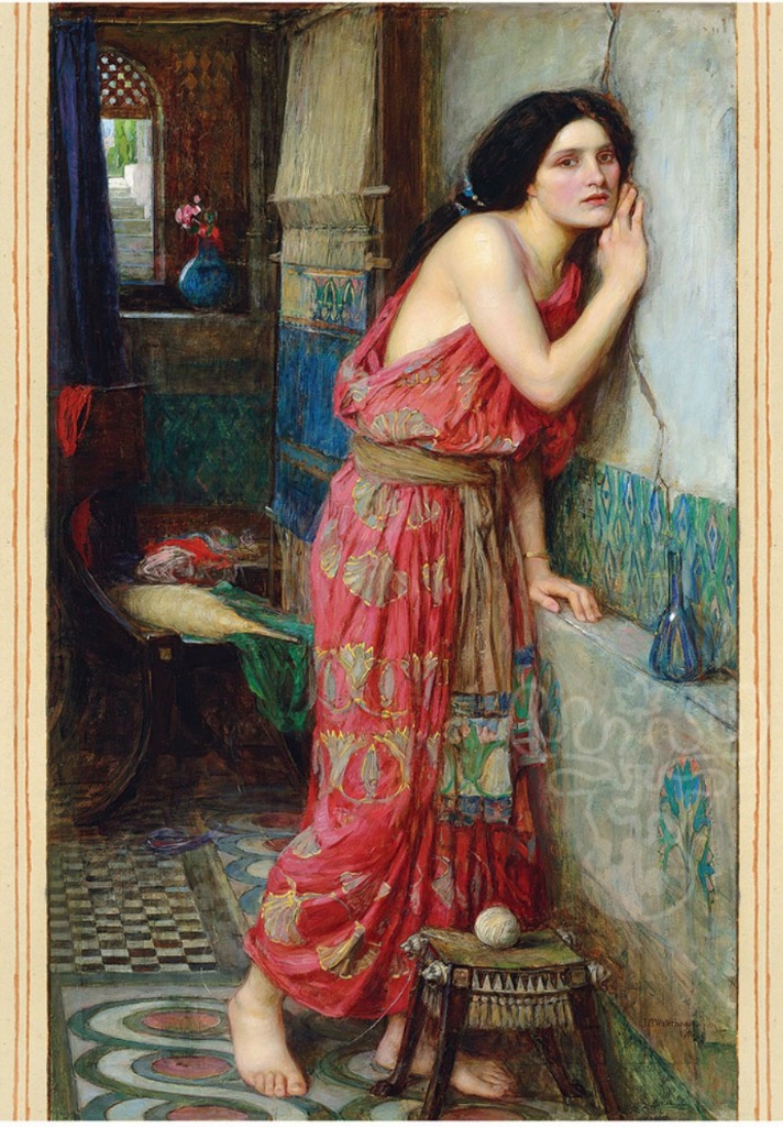 A woman in a vibrant red dress leans against a wall in a dimly lit, richly decorated interior.