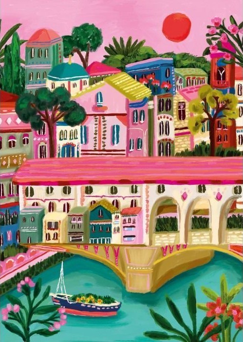 Whimsical, colorful illustration of a bridge over a river lined with vibrant, stylized Mediterranean-style buildings.