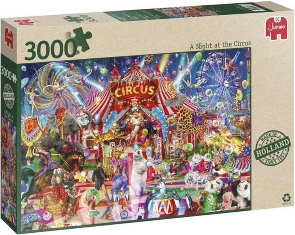 Busy, colorful illustration of a night at the circus with animals, performers, and carnival rides.