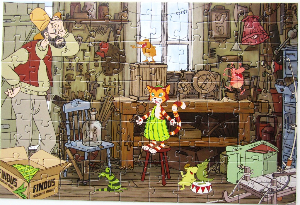 Cartoon illustration of a man and a cat in a cluttered workshop filled with whimsical small creatures.