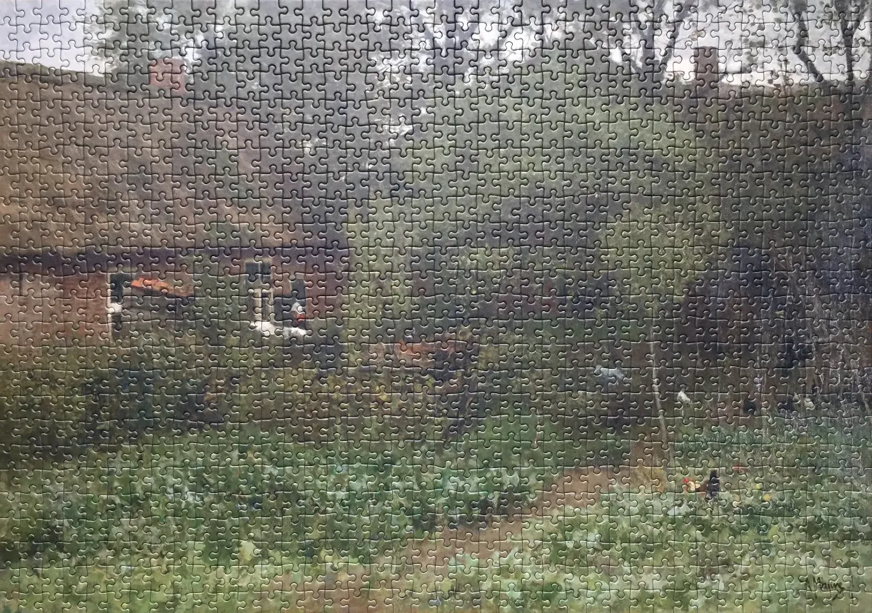Impressionist-style painting of a rustic brick cottage with a thatched roof and chickens in the garden.