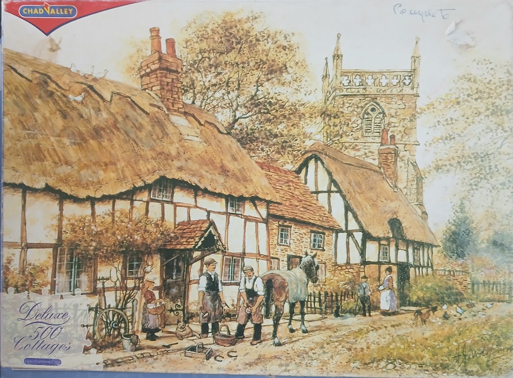 A nostalgic painting of a blacksmith shoeing a horse in front of English thatched cottages and a stone church.