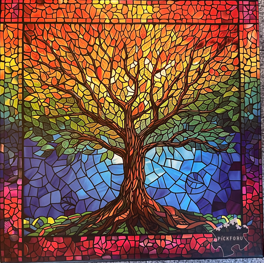A mosaic-style illustration of a vibrant tree in autumn colors against a rainbow-gradient background.