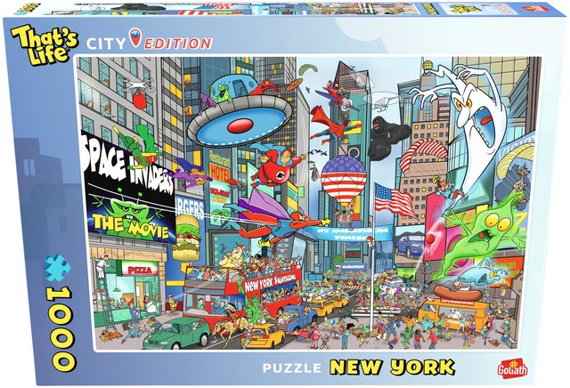 A busy cartoon illustration of a chaotic, superhero-filled New York City street scene.