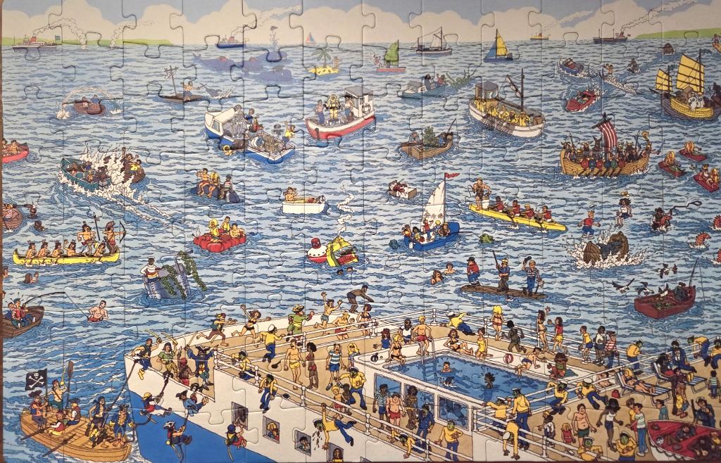 A crowded cartoon illustration of a busy sea filled with various boats and people swimming.