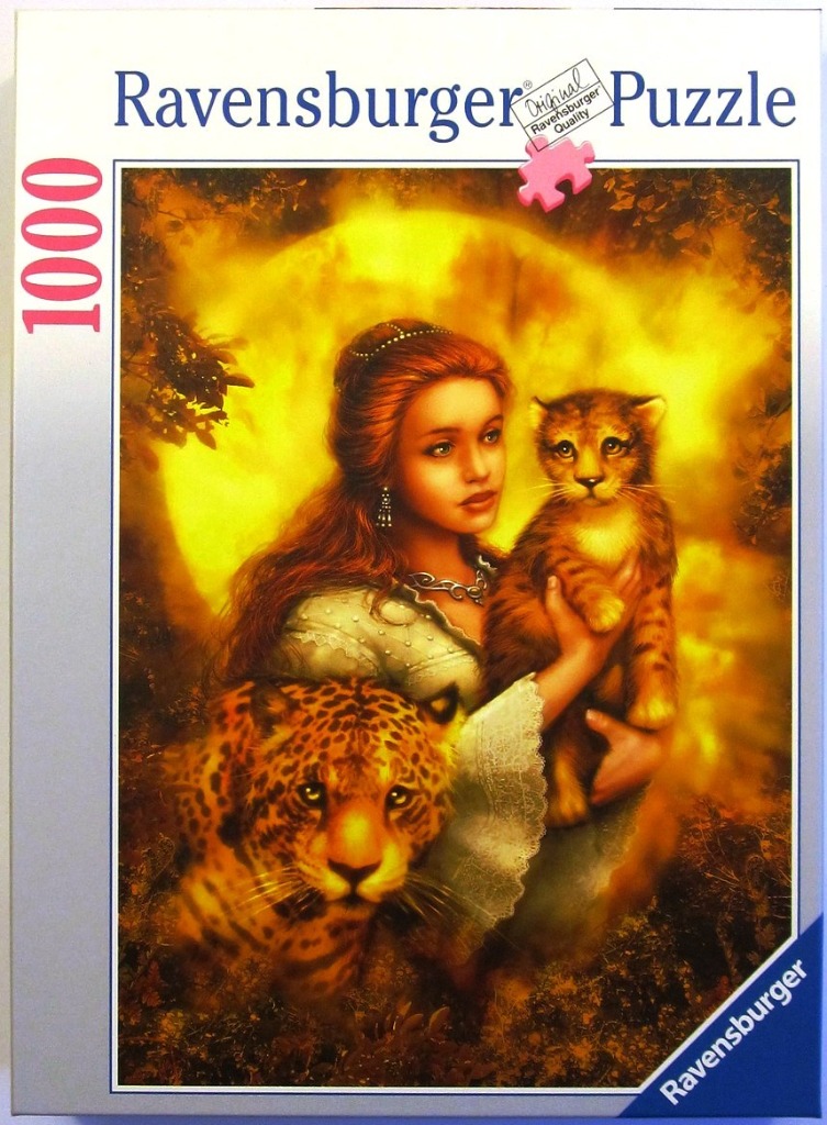 Fantasy illustration of a red-haired woman holding a tiger cub with a leopard nearby against a glowing yellow sun.